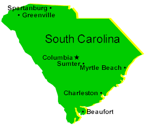 Map of South Carolina highlighting Columbia, Sumter, Myrtle Beach, Charleston, Beaufort, Spartanburg, and Greenville which are all areas where we or our partners are able to provide the buyer of real estate in South Carolina with exclusive buyer representation.